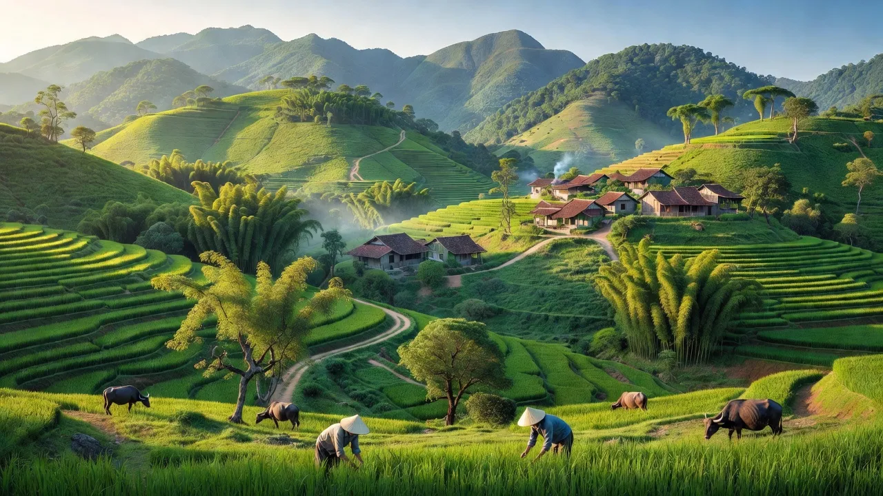 Khung cảnh Huyền Sơn, Lục Nam, Bắc Giang, với núi non xanh tươi và không khí trong lành.
