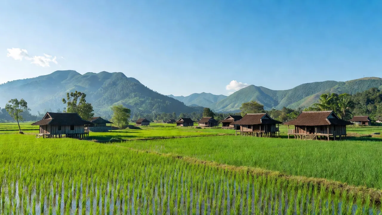 Khám Lạng in Lục Nam, Bắc Giang with green fields and traditional houses under clear blue skies.