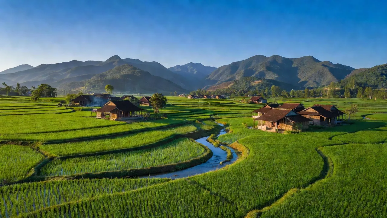 Khám Lạng village, Lục Nam, Bắc Giang with green fields and traditional houses in sunlight.