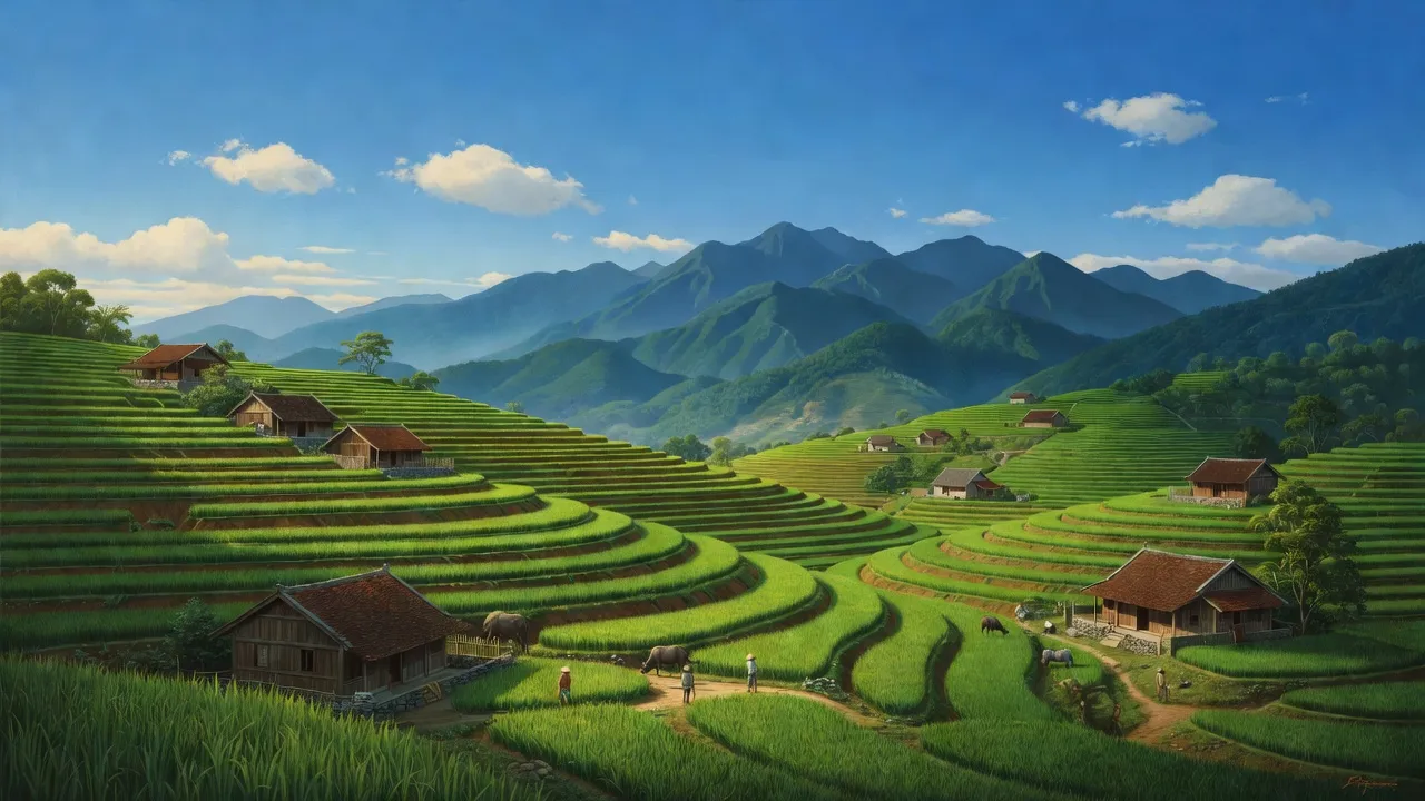 Cảnh đẹp xã Lan Mẫu, huyện Lục Nam, tỉnh Bắc Giang với núi non và nhà nông thôn.