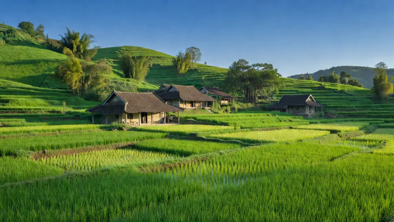 Phong cảnh yên bình tại xã Lan Mẫu, huyện Lục Nam, tỉnh Bắc Giang với cánh đồng lúa xanh.