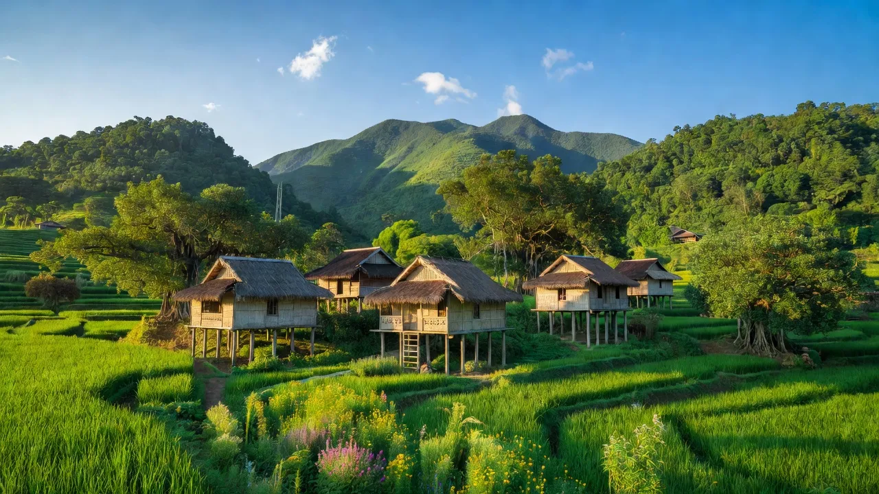 Khung cảnh Xã Lục Sơn với nhà sàn truyền thống và núi rừng xanh tươi, Bắc Giang.