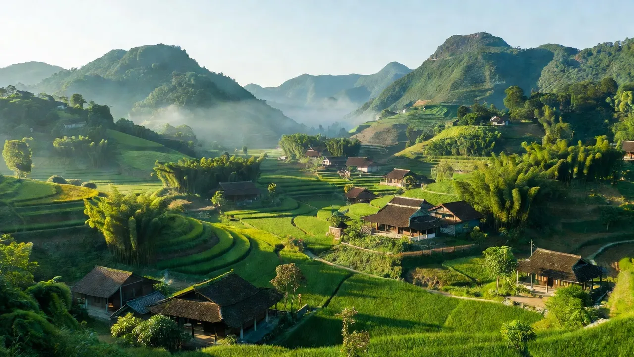 Cảnh đẹp của xã Nghĩa Phương, huyện Lục Nam, Bắc Giang với núi non và nhà truyền thống.