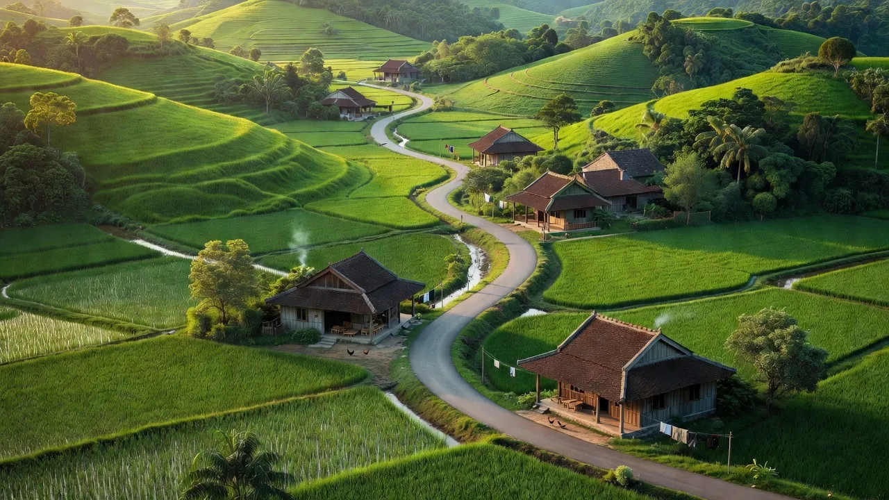 Khung cảnh thị trấn Phương Sơn huyện Lục Nam Bắc Giang, đồi núi xanh tươi và cánh đồng màu mỡ.