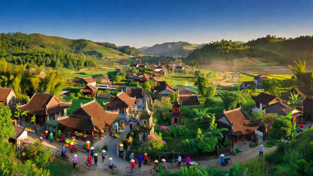 Khung cảnh thị trấn Phương Sơn, huyện Lục Nam, tỉnh Bắc Giang với kiến trúc truyền thống và cảnh quan thiên nhiên.