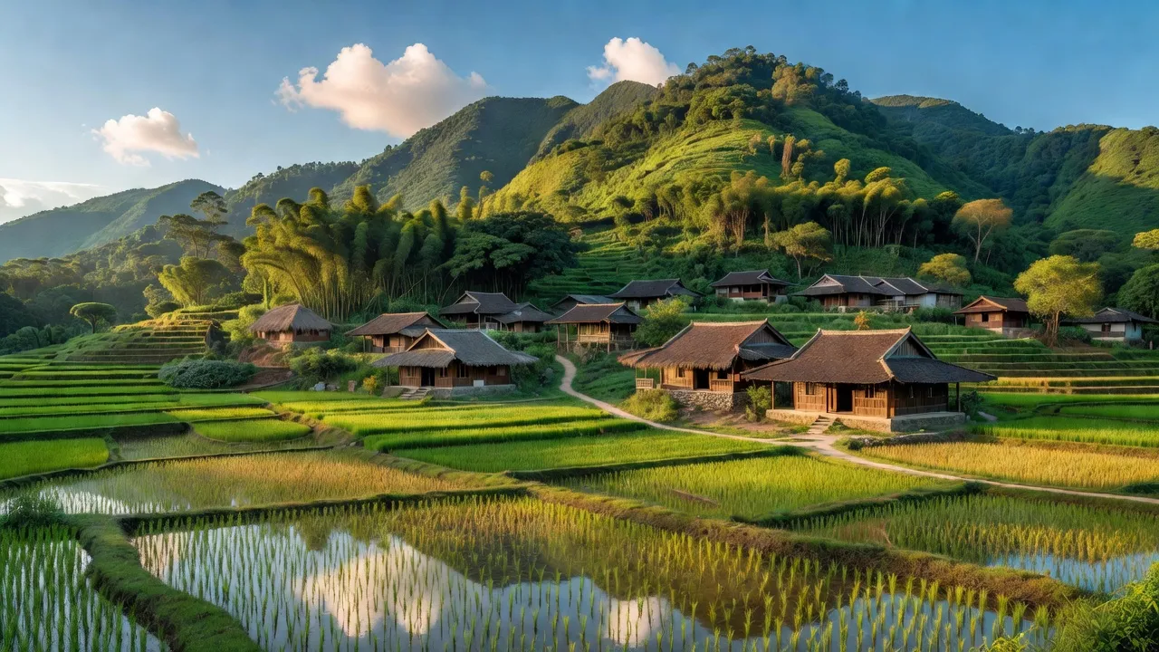 Cảnh đẹp xã Tam Dị, huyện Lục Nam, Bắc Giang với núi non xanh tươi và nhà truyền thống.