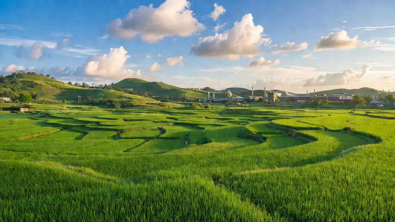 Khung cảnh đẹp của xã Thanh Lâm, huyện Lục Nam, tỉnh Bắc Giang với cánh đồng xanh và đồi núi nhẹ.
