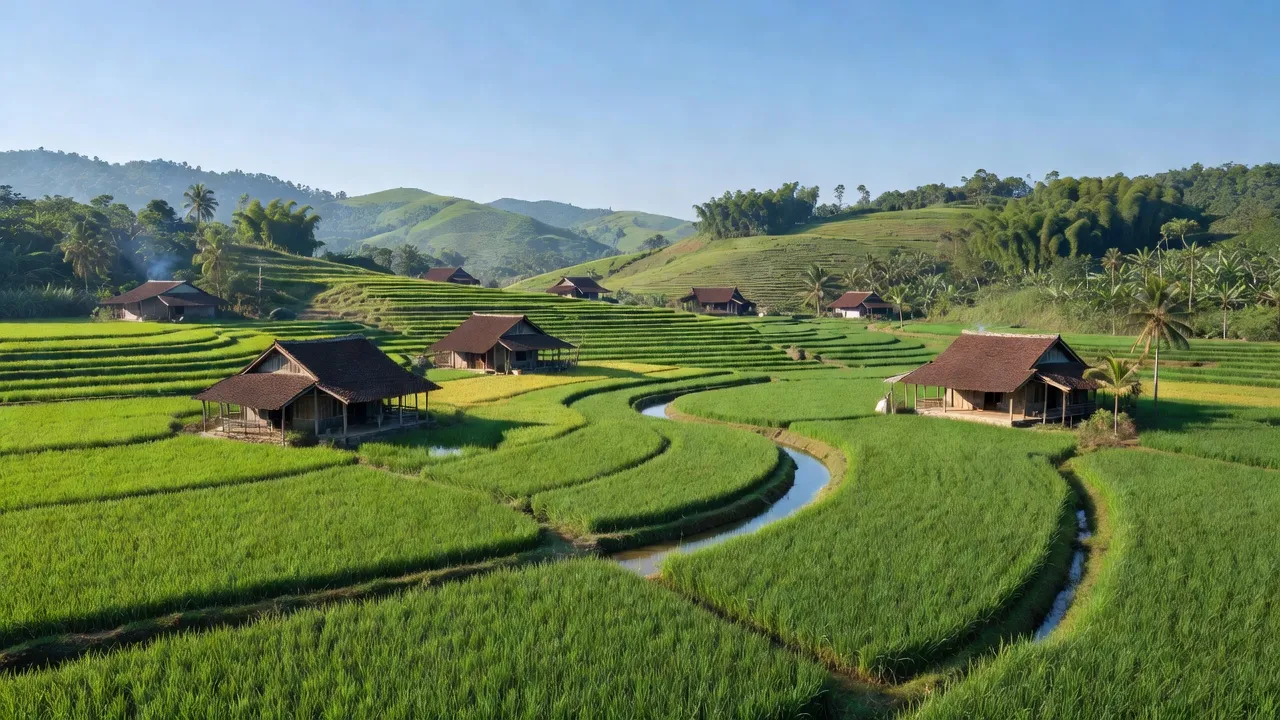 Cảnh quan xã Tiên Nha, Lục Nam, Bắc Giang với cánh đồng xanh và nhà truyền thống.