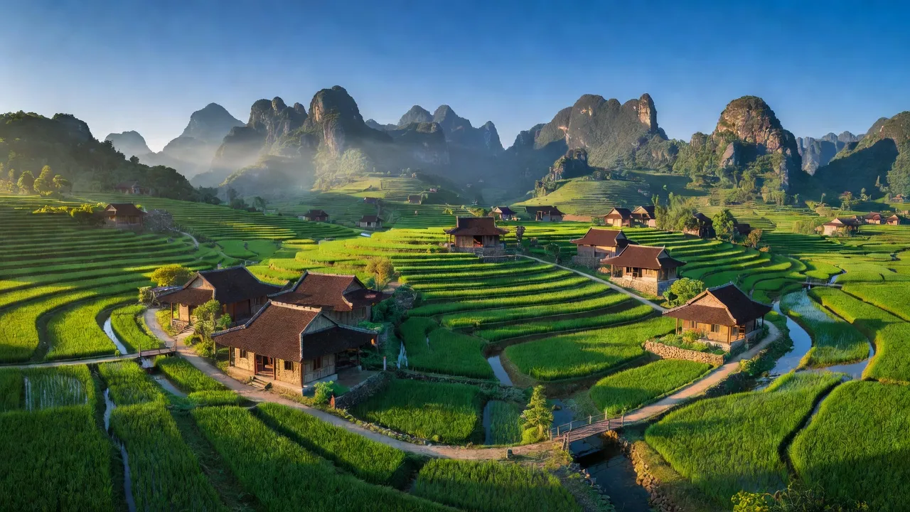 Cảnh thiên nhiên xã Trường Giang, huyện Lục Nam, Bắc Giang với đồi núi và nhà dân.