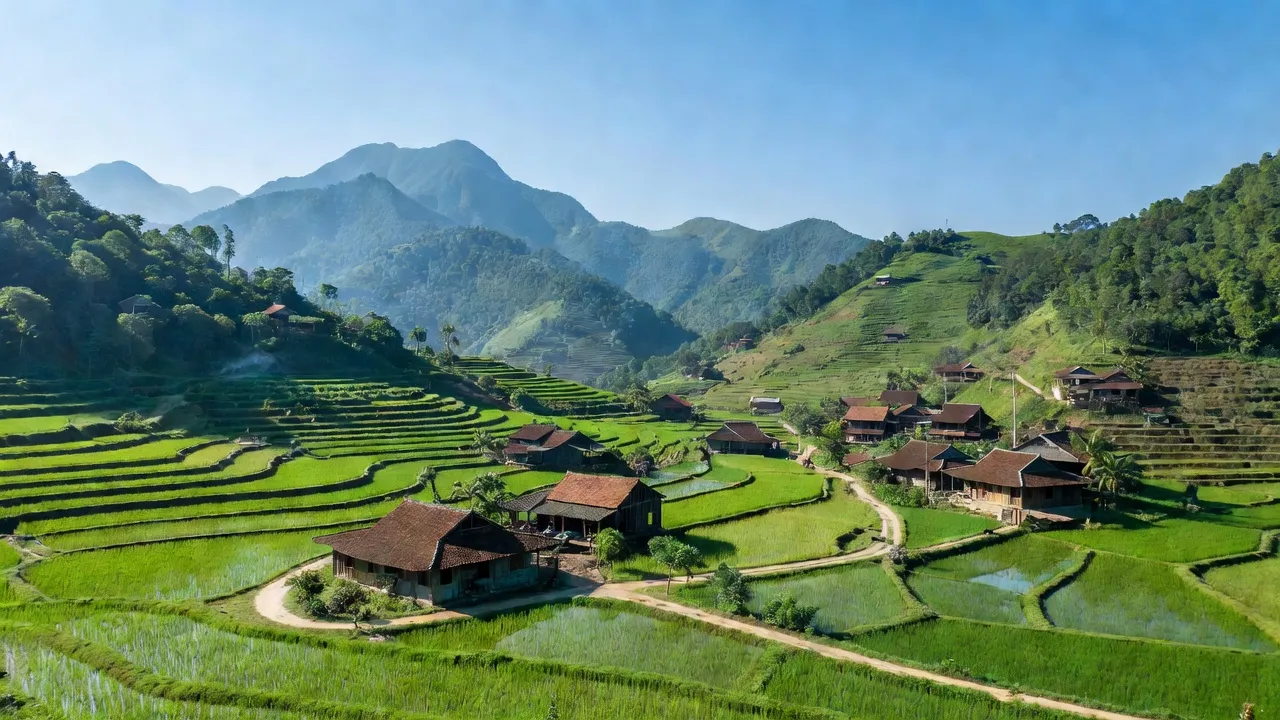 Khung cảnh làng Trường Giang, huyện Lục Nam, tỉnh Bắc Giang với thiên nhiên tươi đẹp và nhà truyền thống.