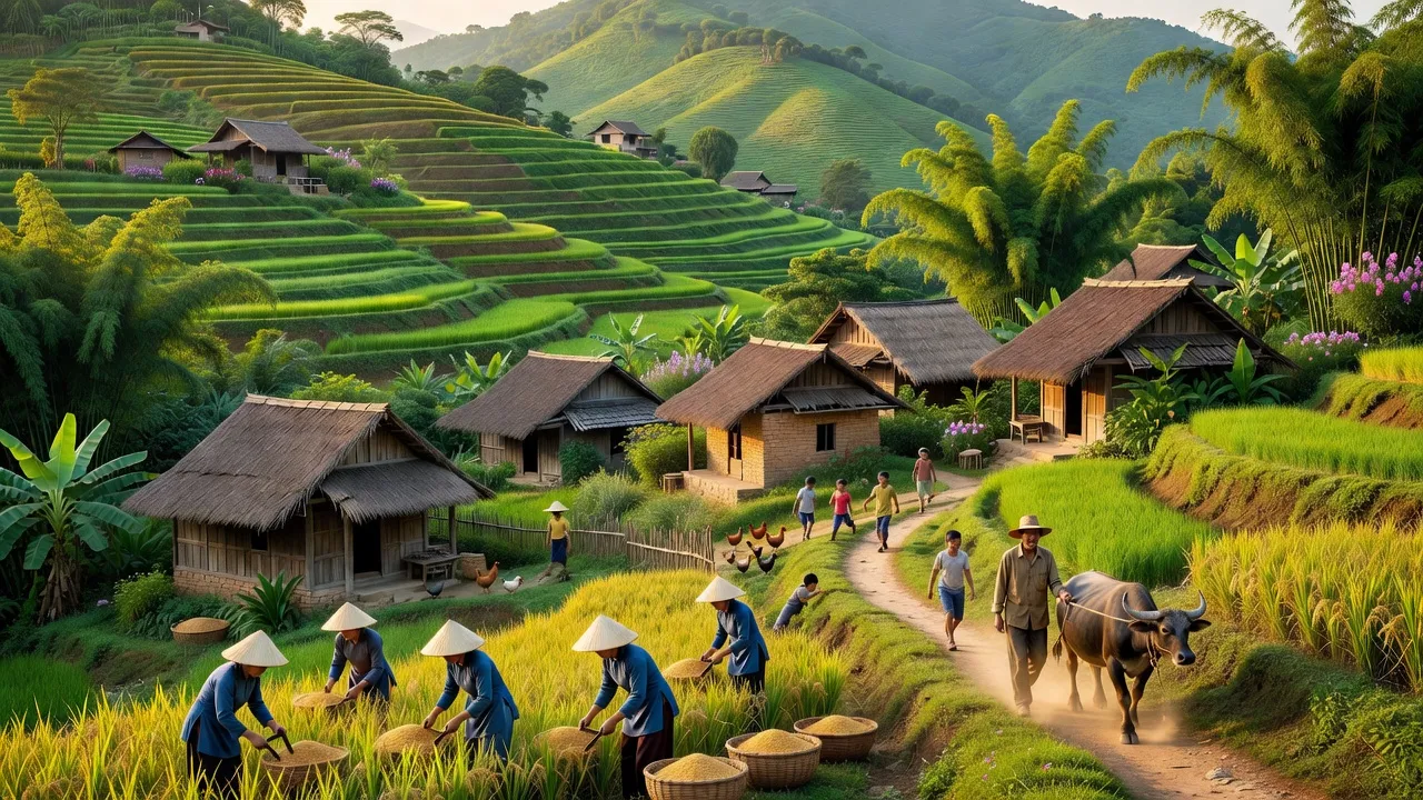 Cảnh đẹp xã Trường Sơn, huyện Lục Nam, Bắc Giang với đồi núi xanh tươi và nhà truyền thống.