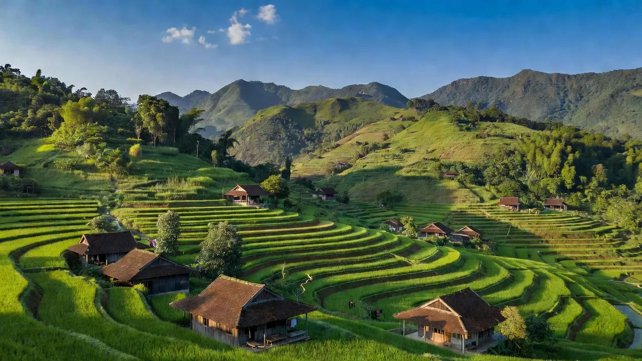 Khung cảnh Xã Vô Tranh, huyện Lục Nam, Bắc Giang với đồi núi xanh tươi và nhà truyền thống.