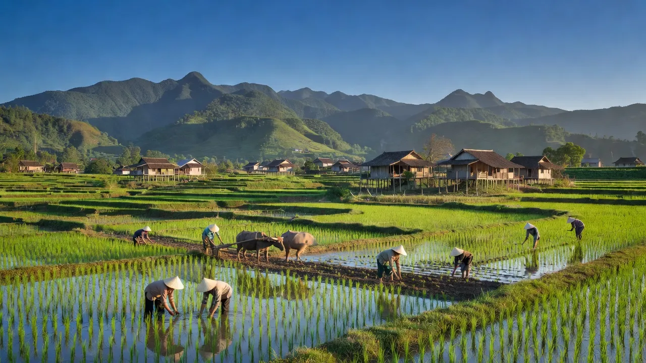 Khung cảnh xã Yên Sơn, huyện Lục Nam, Bắc Giang với những cánh đồng xanh mướt và người nông dân chăm sóc cây trồng.