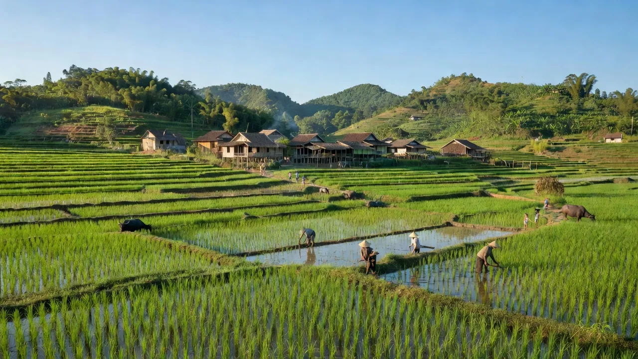 Khung cảnh Yên Sơn, Lục Nam, Bắc Giang với đồng ruộng truyền thống và những ngọn đồi xanh.