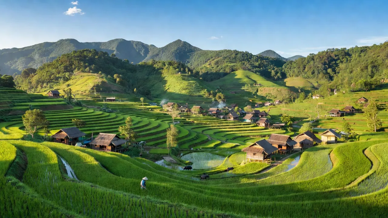 Huyện Lục Ngạn, Bắc Giang với cánh đồng xanh và núi non hùng vĩ, khung cảnh thiên nhiên tươi đẹp.