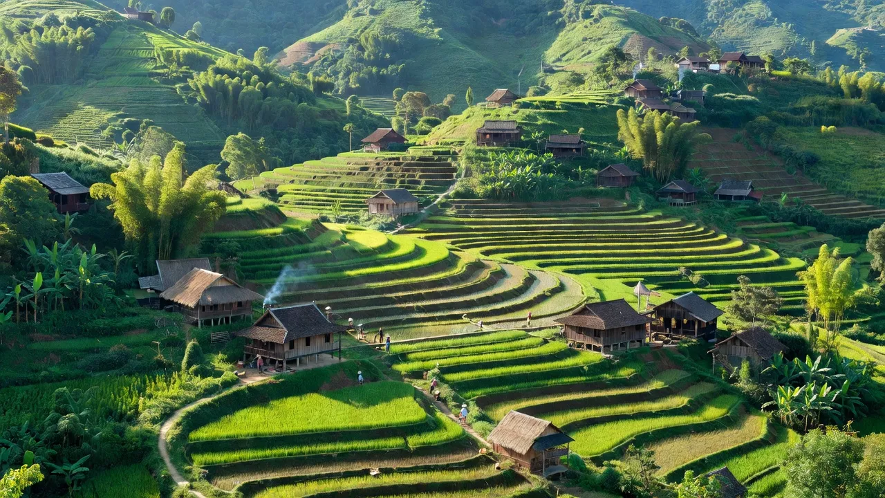 Khung cảnh huyện Lục Ngạn, Bắc Giang với núi xanh và ruộng bậc thang truyền thống.