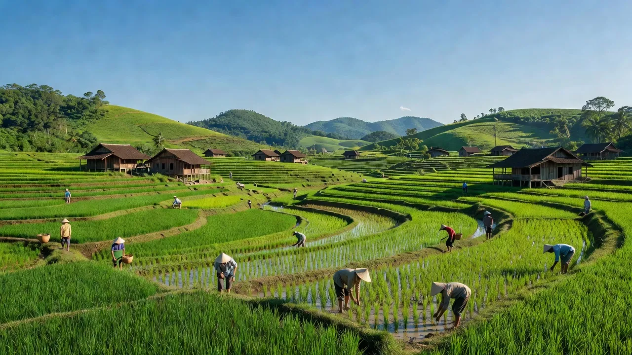 Cảnh quan Xã Biên Sơn, Huyện Lục Ngạn, Bắc Giang với ruộng xanh và nhà gỗ truyền thống.