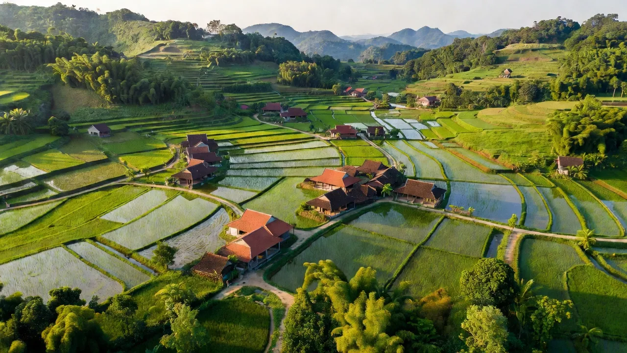 Khung cảnh Xã Biên Sơn, Huyện Lục Ngạn, Bắc Giang với cánh đồng xanh tươi và nhà truyền thống.