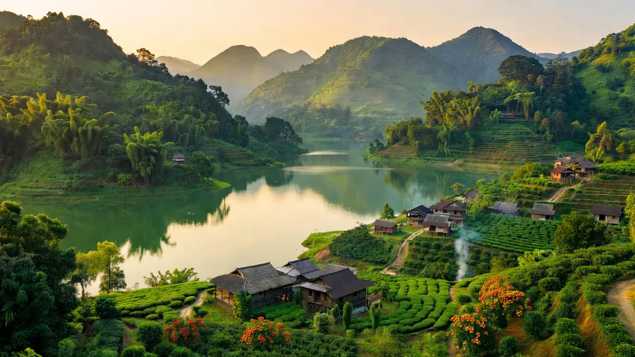 Cảnh đẹp xã Cấm Sơn, huyện Lục Ngạn, Bắc Giang với núi non và hồ nước trong xanh.