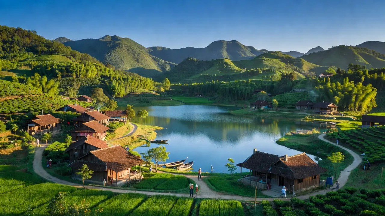 Phong cảnh Xã Cấm Sơn, huyện Lục Ngạn, Bắc Giang với núi non xanh mát và hồ nước yên bình.