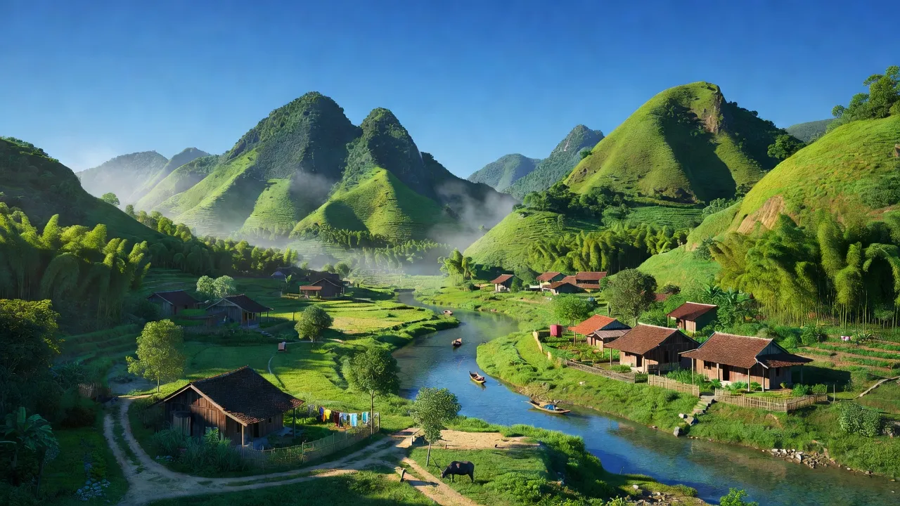 Khung cảnh thơ mộng của xã Đèo Gia, huyện Lục Ngạn, với núi xanh và sông uốn khúc.