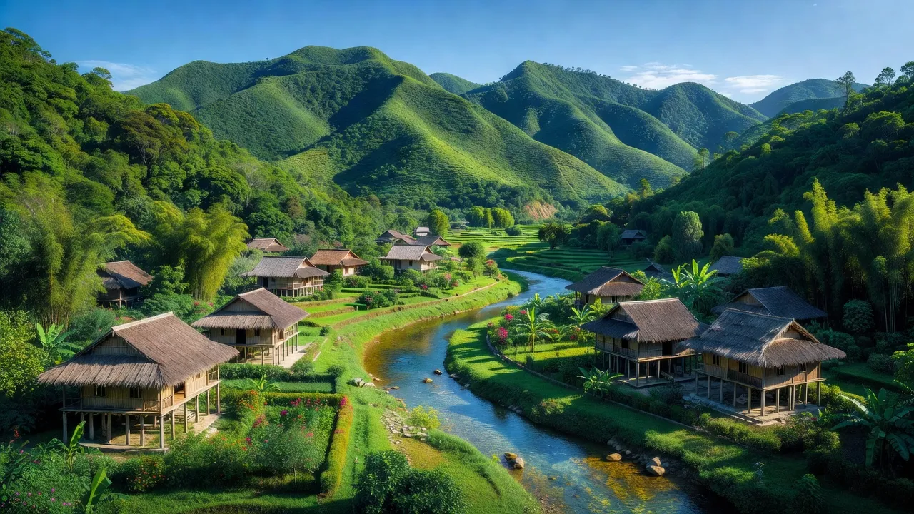 Khung cảnh thơ mộng xã Đèo Gia, huyện Lục Ngạn, Bắc Giang với núi, sông và nhà truyền thống.