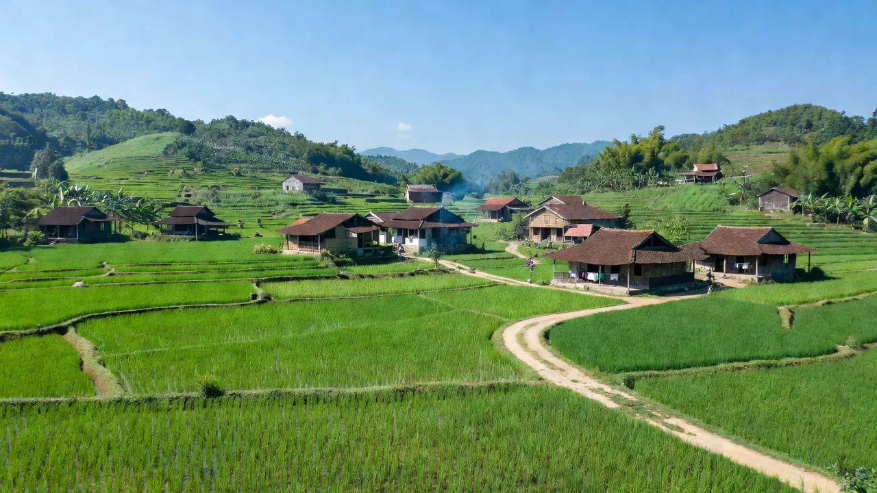 Cảnh đẹp xã Đồng Cốc, huyện Lục Ngạn, tỉnh Bắc Giang với đồng ruộng xanh và nhà truyền thống.