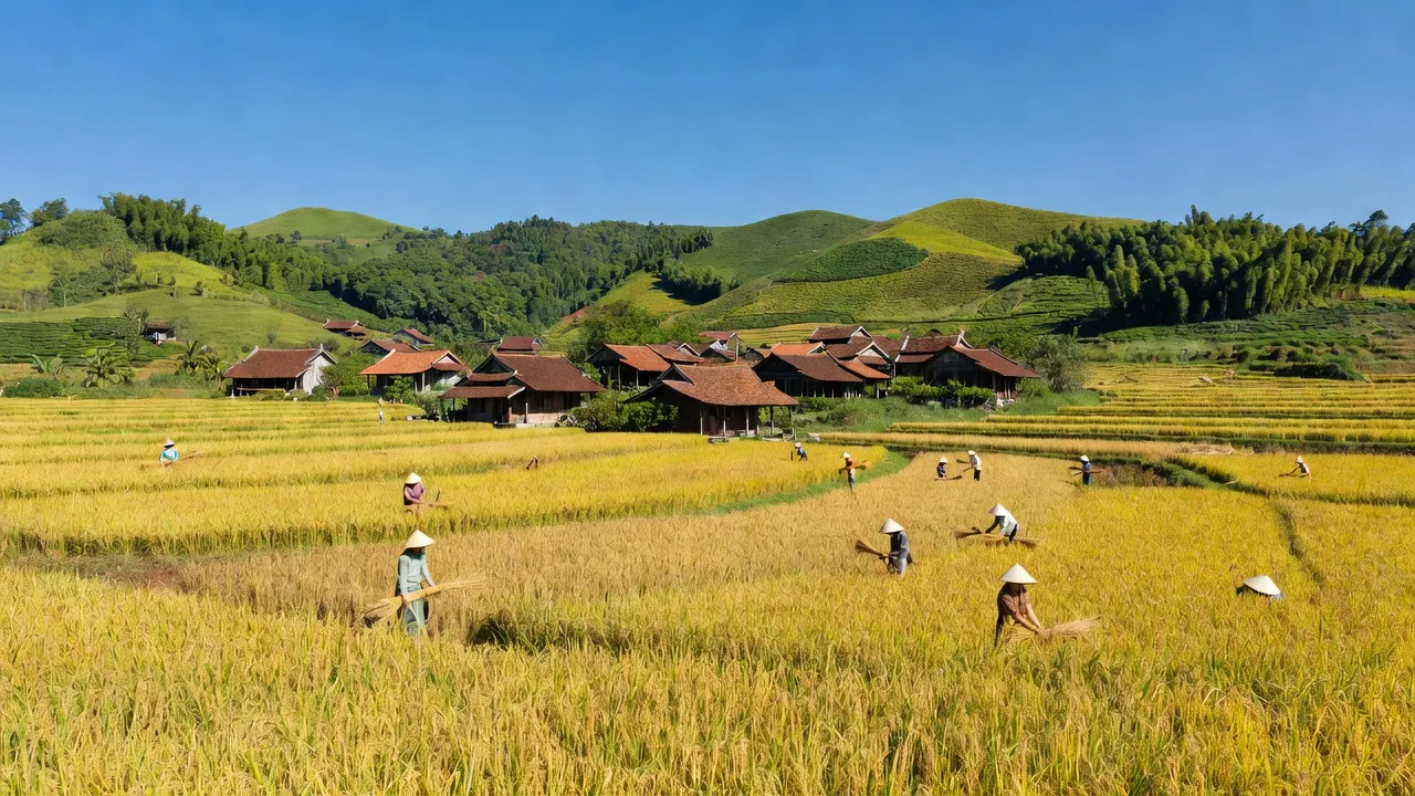 Cảnh quan xã Đồng Cốc, huyện Lục Ngạn, tỉnh Bắc Giang với ruộng lúa xanh tươi, nhà truyền thống.