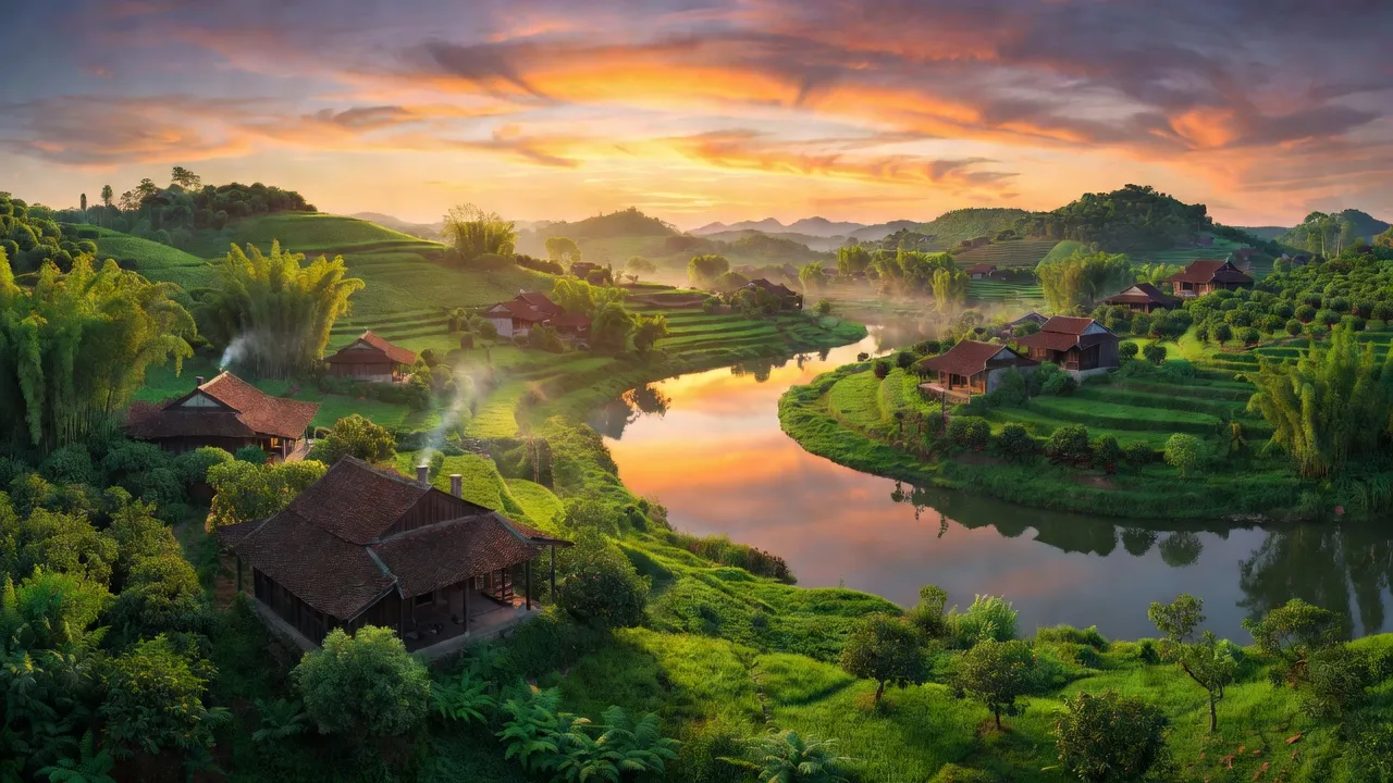 Cảnh vật xã Giáp Sơn huyện Lục Ngạn, Bắc Giang, với nhà truyền thống và sắc trời rực rỡ.