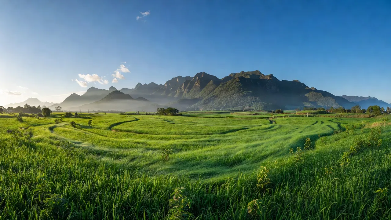 Cảnh sắc thiên nhiên yên bình tại xã Hộ Đáp, huyện Lục Ngạn, Bắc Giang với cánh đồng và núi.