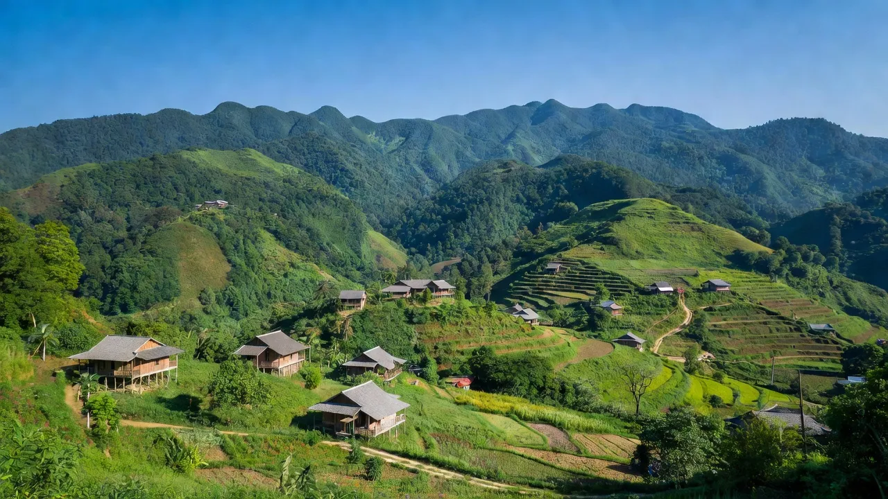 Quang cảnh Xã Hộ Đáp, huyện Lục Ngạn, Bắc Giang với núi non hùng vĩ và nhà truyền thống.