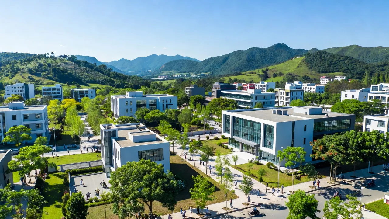 Thị trấn Phì Điền, Lục Ngạn, Bắc Giang với khung cảnh thiên nhiên và kiến trúc hành chính đẹp.