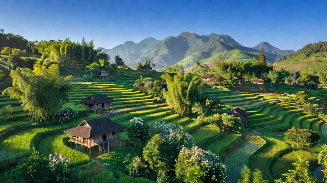 Khung cảnh xã Phong Minh, huyện Lục Ngạn, tỉnh Bắc Giang với cánh đồng nông nghiệp và núi đồi.