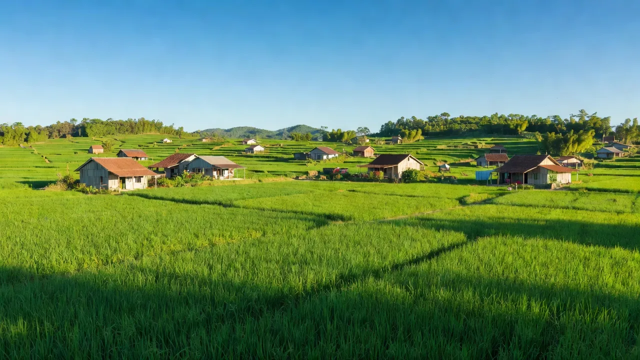 Phong cảnh bình dị tại xã Phong Vân, huyện Lục Ngạn, Bắc Giang với cánh đồng và nhà dân.