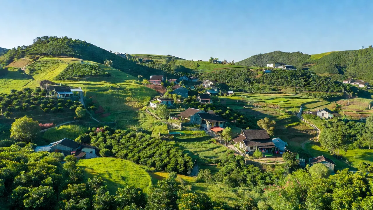 Phong Vân village in Lục Ngạn, Bắc Giang, featuring green hills and local houses.