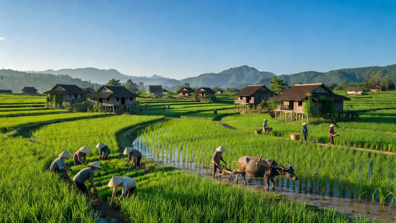 Cảnh đẹp xã Phú Nhuận, huyện Lục Ngạn, tỉnh Bắc Giang với ruộng lúa xanh tươi và nhà truyền thống.