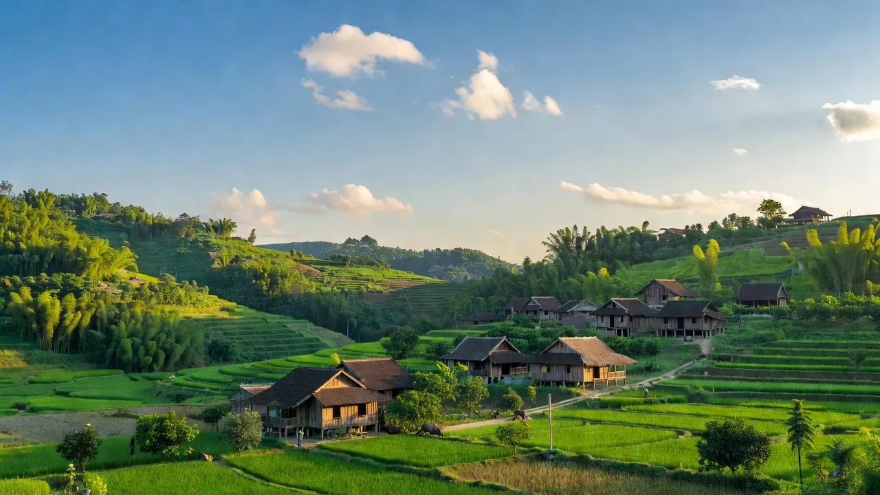 Khung cảnh Xã Sơn Hải Huyện Lục Ngạn Bắc Giang với đồi núi xanh mướt và nhà truyền thống.