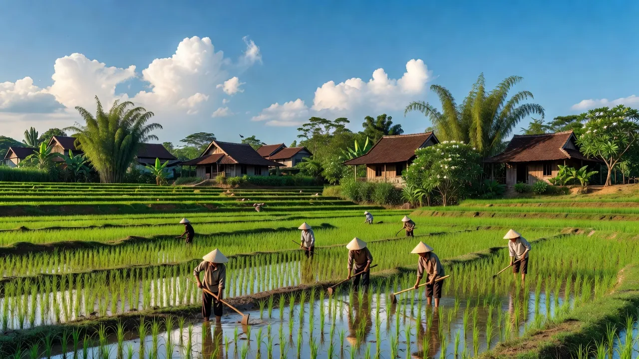 Cảnh quan nông thôn xã Tân Hoa, Lục Ngạn, Bắc Giang với đồng lúa xanh mướt và trời xanh.