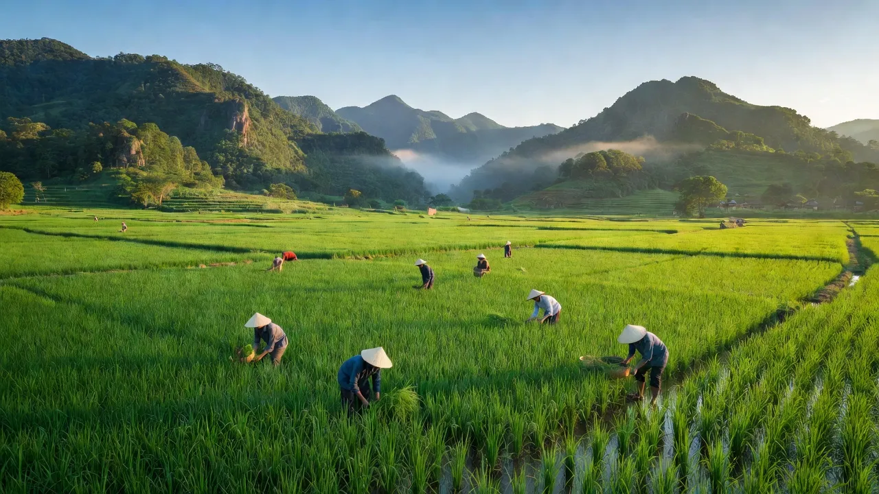 Cảnh đẹp xã Tân Lập, huyện Lục Ngạn, tỉnh Bắc Giang với cánh đồng xanh và núi non.