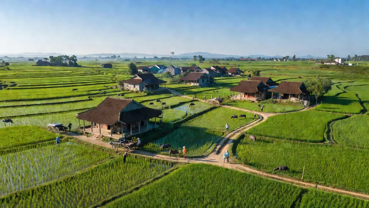 Quang cảnh xã Tân Lập, huyện Lục Ngạn, Bắc Giang với cánh đồng xanh và nhà truyền thống.