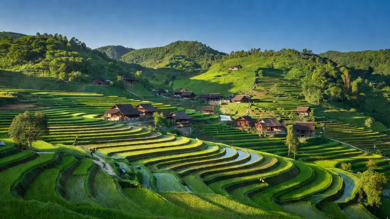 Cảnh vật hữu tình xã Tân Quang, huyện Lục Ngạn, tỉnh Bắc Giang với ruộng bậc thang và nhà truyền thống.