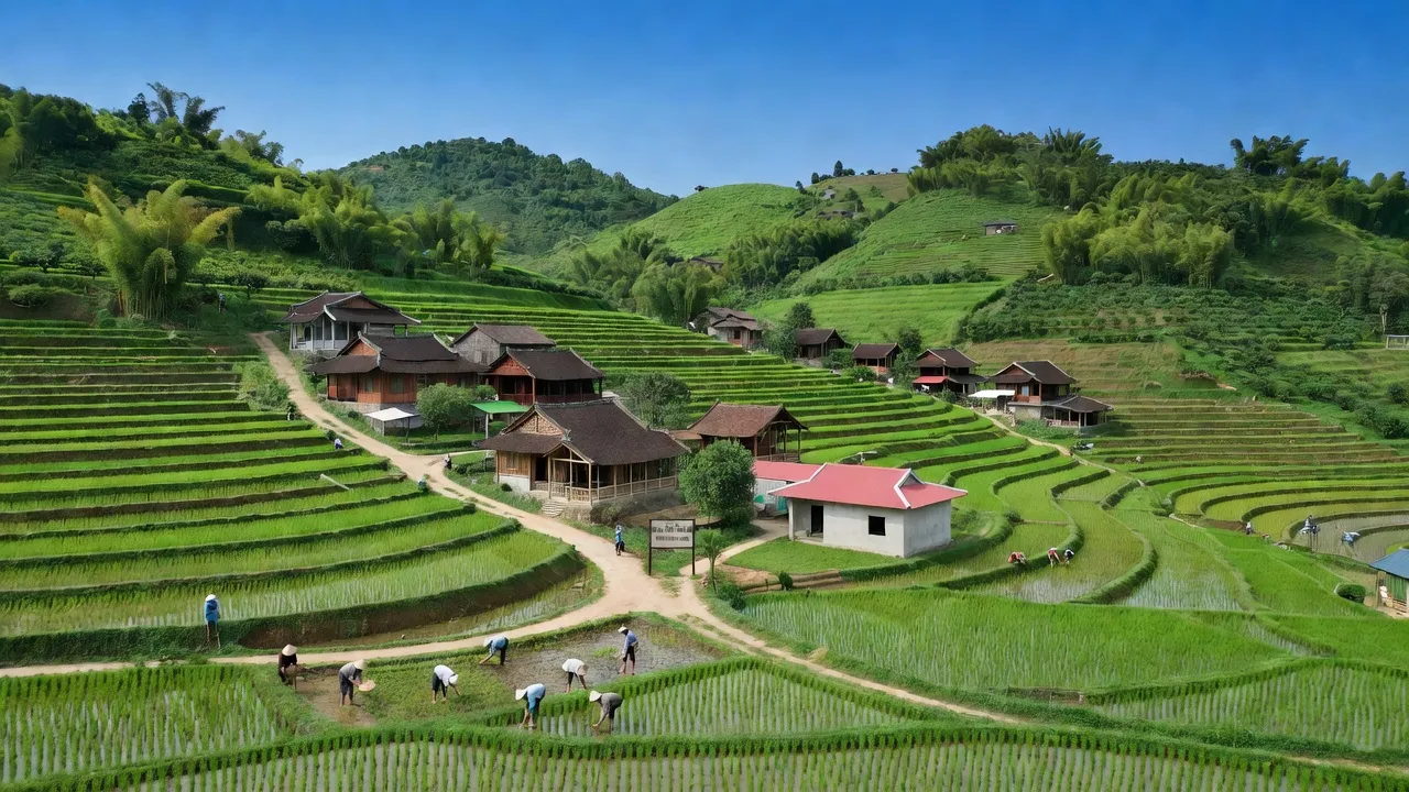 Toàn cảnh xã Tân Sơn, huyện Lục Ngạn, Bắc Giang với ruộng bậc thang và nhà truyền thống.