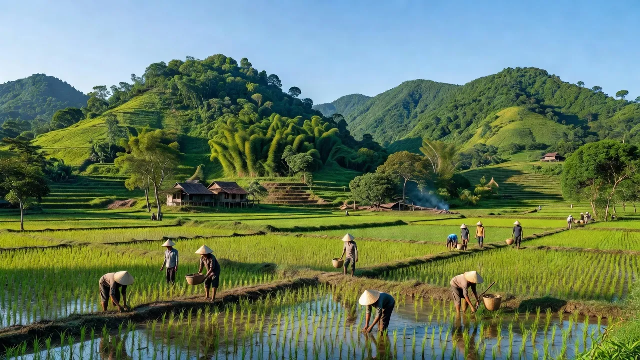 Cảnh quê ở xã Xa Lý, huyện Lục Ngạn với đồng ruộng xanh tươi và người dân địa phương, Bac Giang.