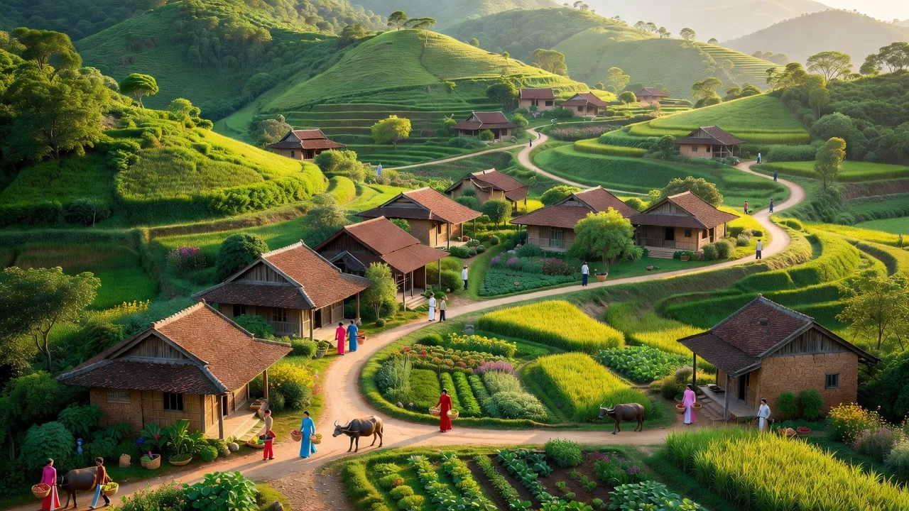 Khung cảnh đẹp tại xã An Lạc, huyện Sơn Động, Bắc Giang với đồi xanh và nhà truyền thống.