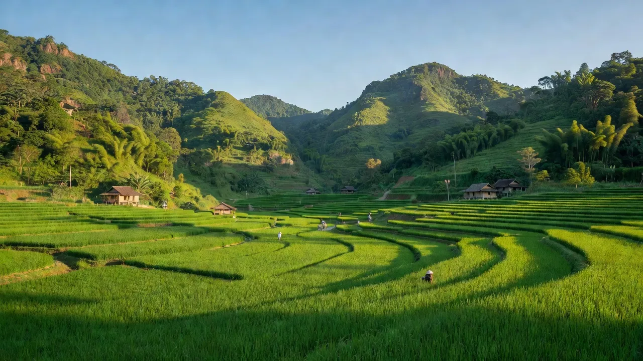 Khung cảnh thiên nhiên xã Cẩm Đàn, huyện Sơn Động, tỉnh Bắc Giang với đồi và đồng ruộng.