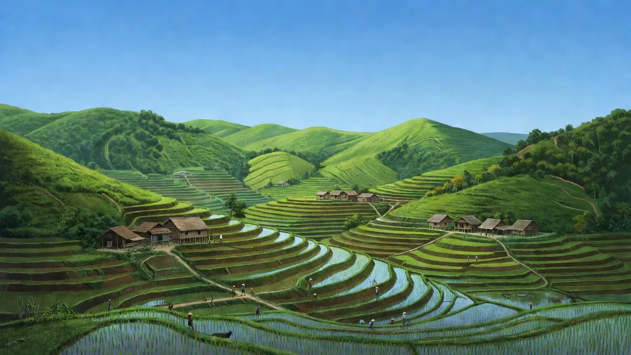 Phong cảnh xã Đại Sơn, huyện Sơn Động, tỉnh Bắc Giang với ruộng bậc thang và thiên nhiên tươi đẹp.