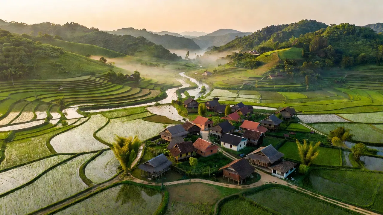 Quang cảnh xã Đại Sơn, huyện Sơn Động, Bắc Giang với núi xanh và ruộng bậc thang.