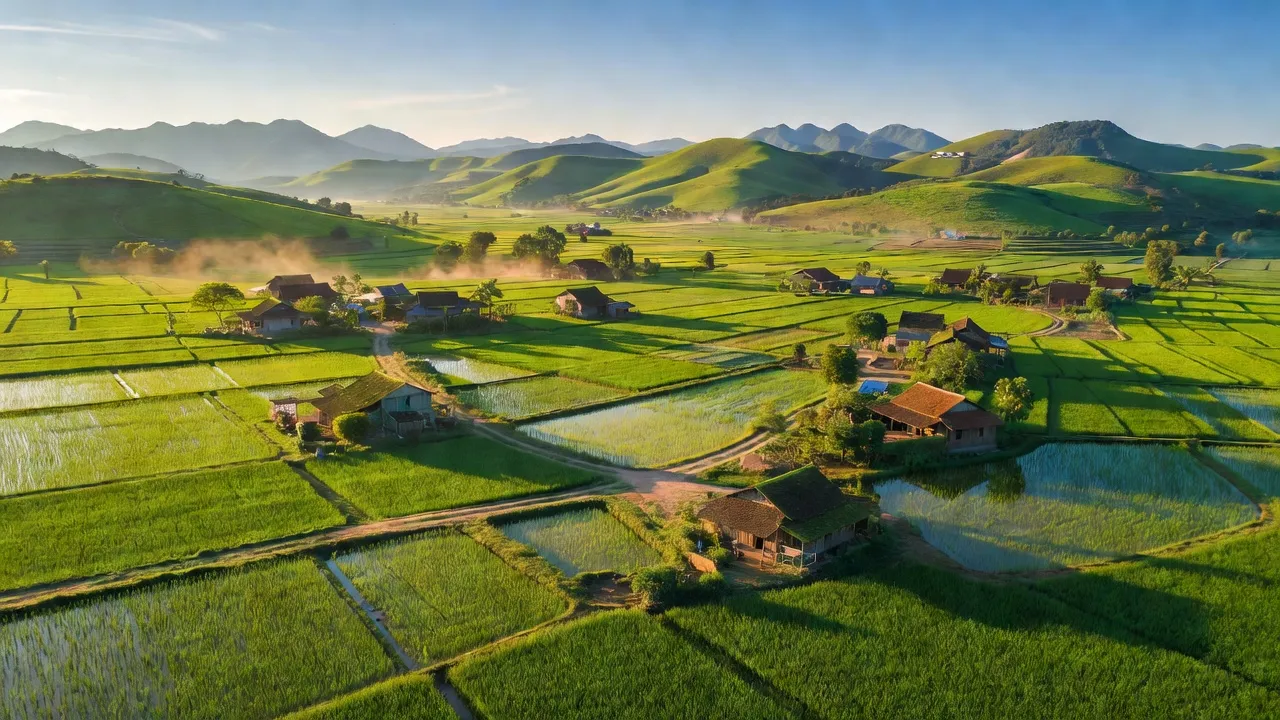 Cảnh đẹp xã Dương Hưu, Sơn Động, Bắc Giang, với cánh đồng và thôn bản xanh tươi.
