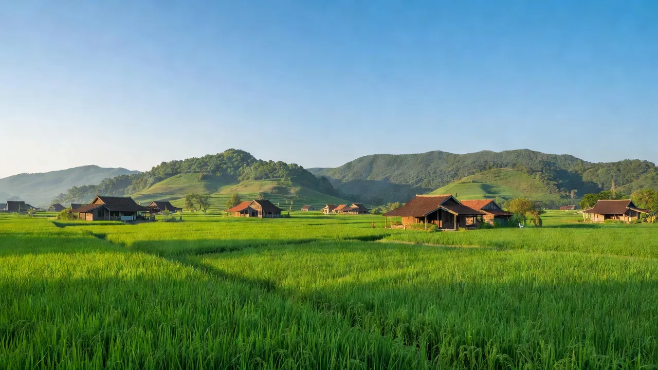 Khung cảnh yên bình xã Dương Hưu, Sơn Động, Bắc Giang với đồng xanh và nhà truyền thống.