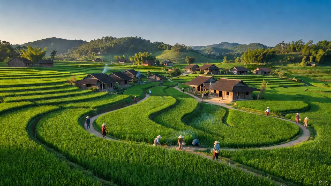 Khung cảnh làng Giáo Liêm, huyện Sơn Động, Bắc Giang với cánh đồng xanh và nhà truyền thống.